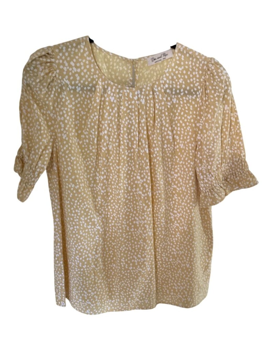 Doe and Rae Blouse Buttery Yellow and White Dot Print Puff Sleeve Small   EUC